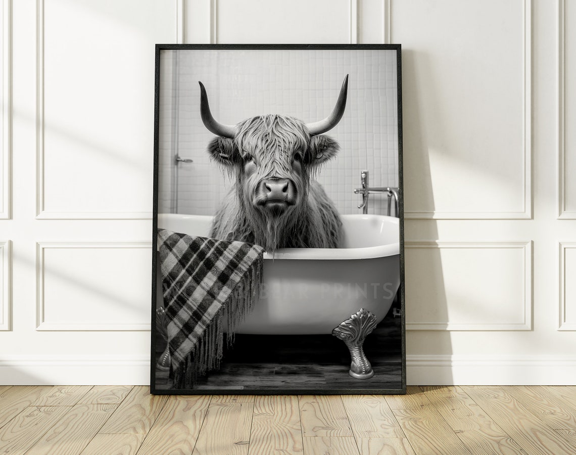 Highland Cow in the Tub Black and White Bathroom Photo Poster