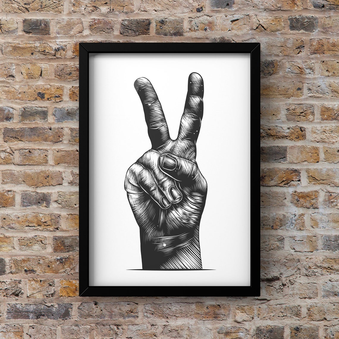 Peace Sign Hand Victory Gesture Vintage Engraving Style Wall Art