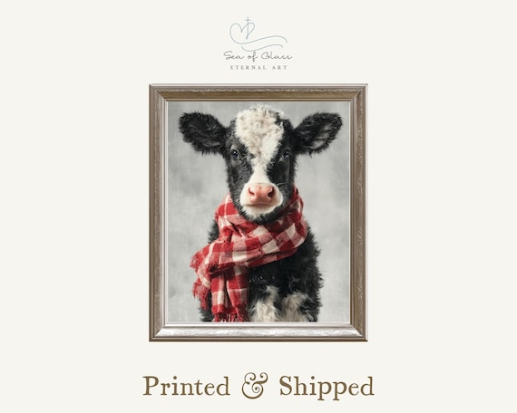 Christmas Cow Calf Red Plaid Scarf Poster Farmhouse Holiday Cute Art