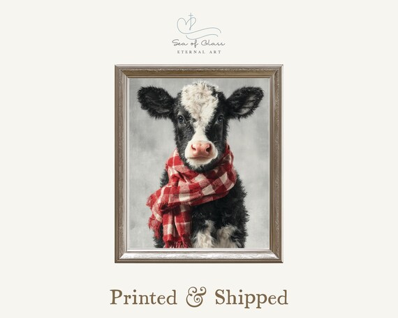 Cow Christmas Art Print Cute Calf In Red Plaid Scarf Farmhouse Holiday Decor Rustic Wall