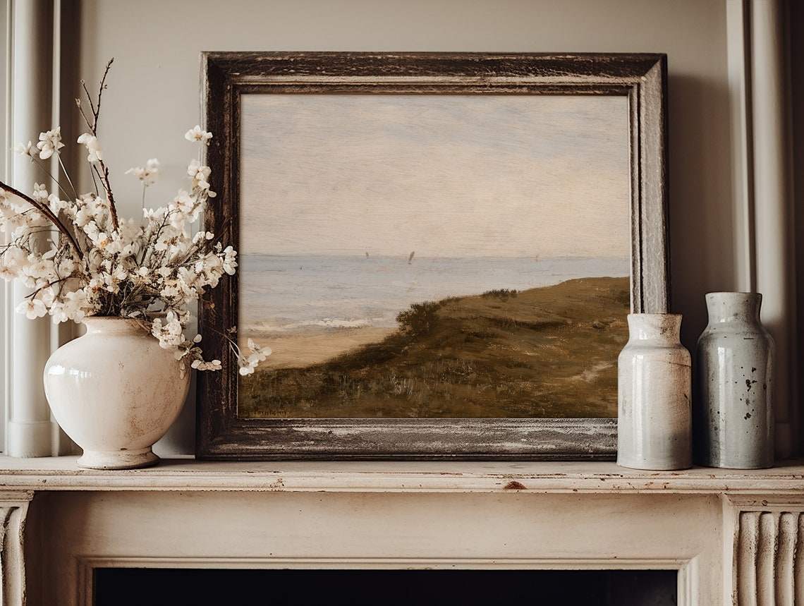 Muted Vintage Beach Cliffs Calm Sea Sailboats Neutral Wall Art Print - Image 3