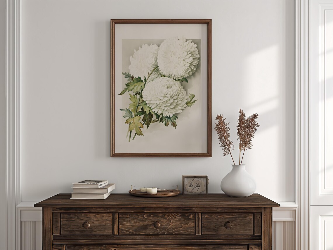 White Chrysanthemum Botanical Floral Vintage Still Life Print Poster - Image 3