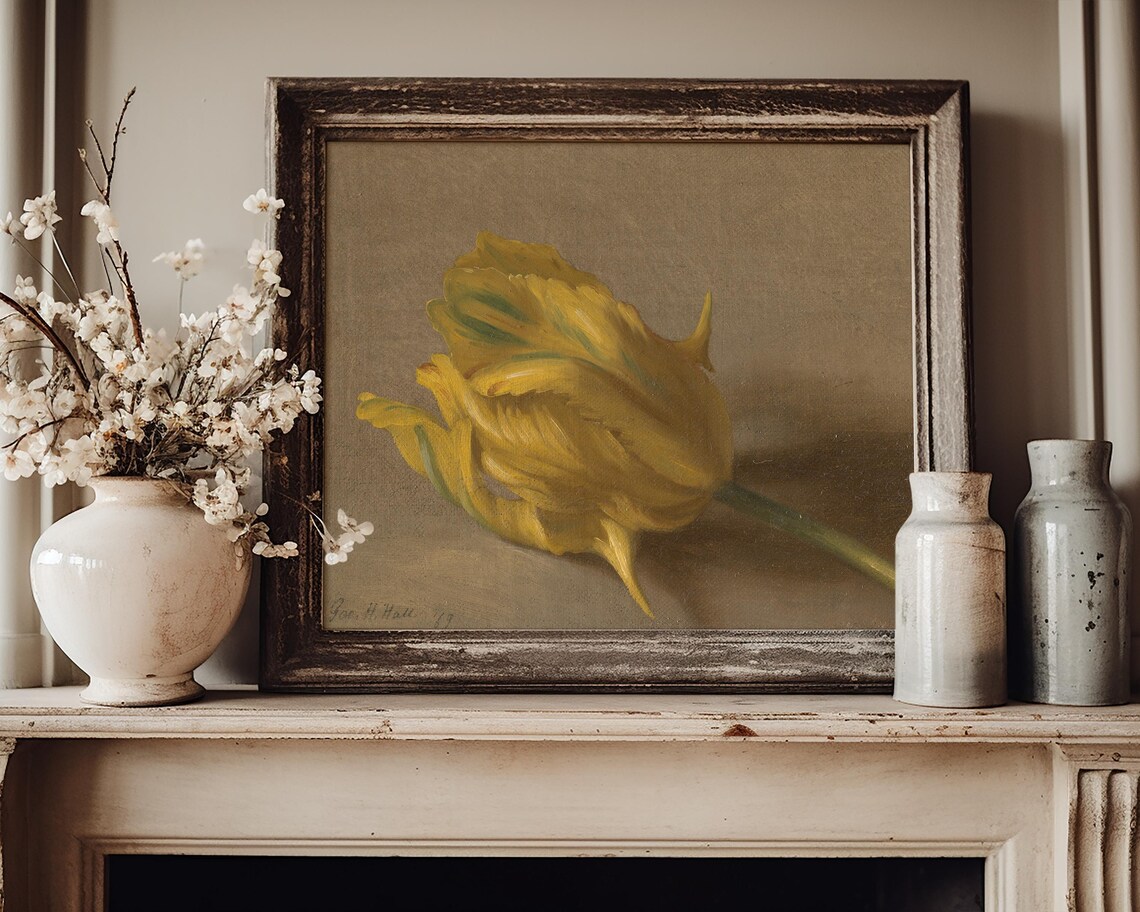 Yellow Tulip Still Life Signed Vintage Floral Oil Painting Poster - Image 2