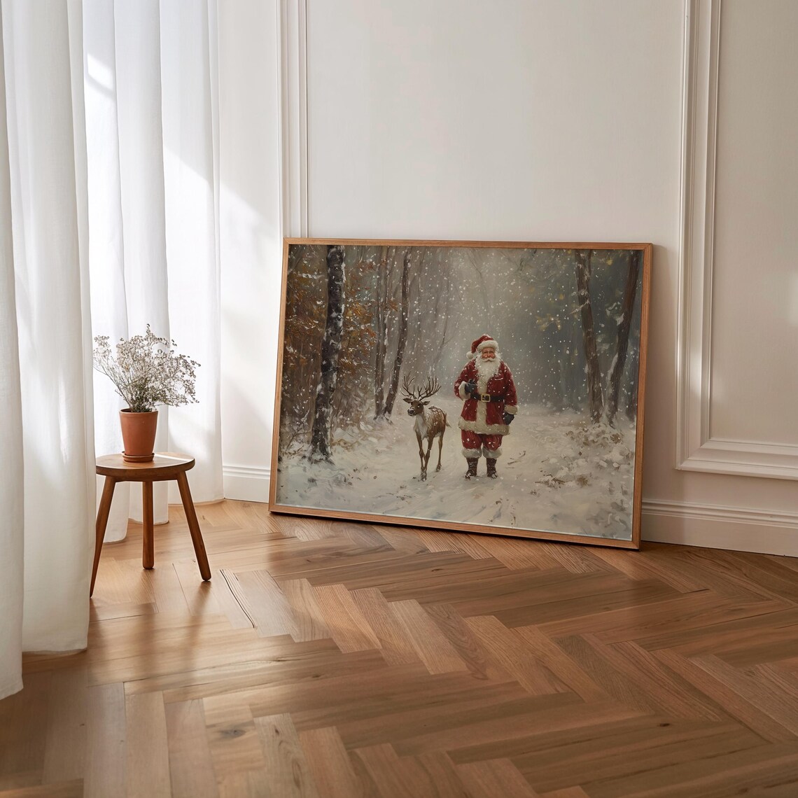 Santa Claus Reindeer Wall Art Winter Landscape Wall Art Farmhouse Oil Painting Christmas Tree Artwork Holiday Decor Trendy Xmas Wall Art - Image 2