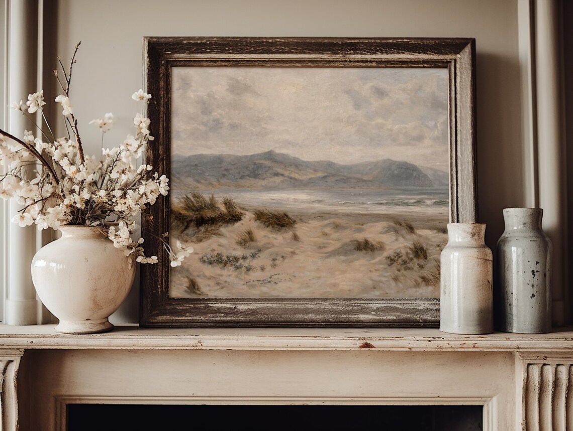 Sandy Dunes Beach Grass Hazy Mountains Neutral Vintage Art Print - Image 2