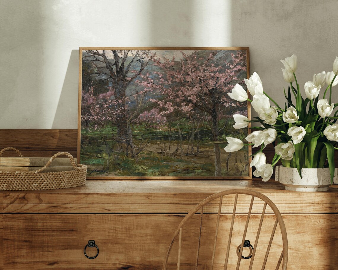 Pink Cherry Blossom Trees Spring Grove Vintage Oil Painting Poster - Image 5