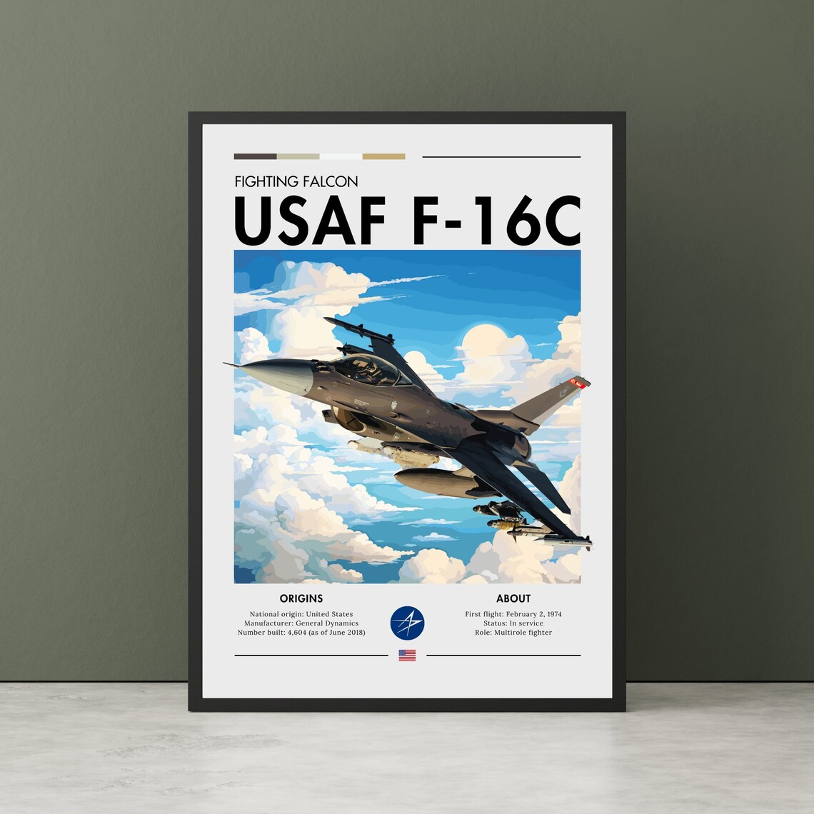 USAF F-16 Aviation Art Poster, Fighter Jet Print