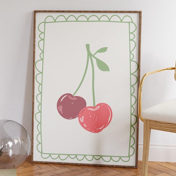 Preppy Cherry Prints Hand Drawn Cherry Poster Trendy Wall Art Retro Preppy Dorm Decor Yk2 Aesthetic Decor