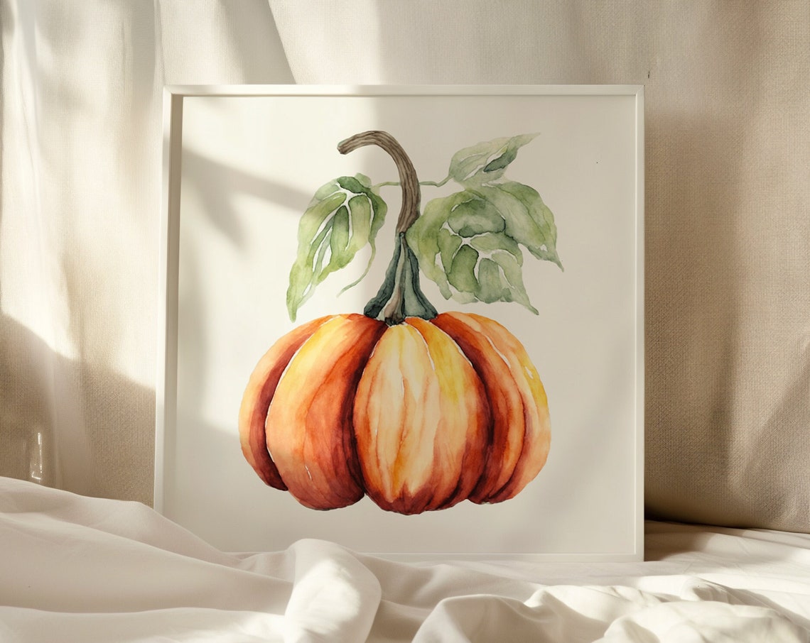 Watercolor Orange Pumpkin With Green Leaves Autumn Art Poster