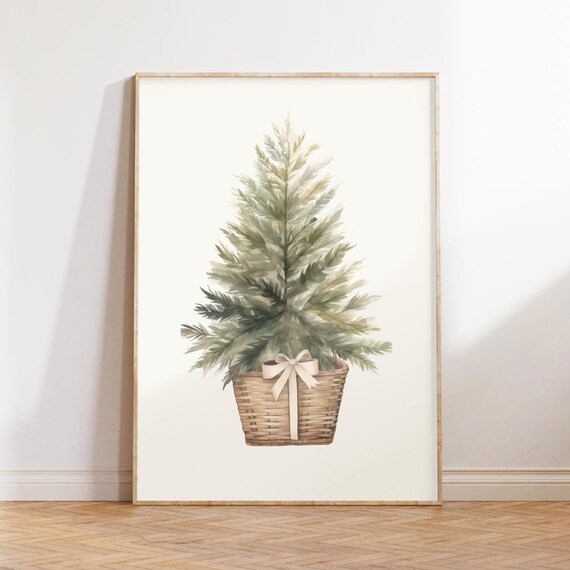 Watercolor Evergreen Tree In Wicker Basket Minimalist Christmas Poster