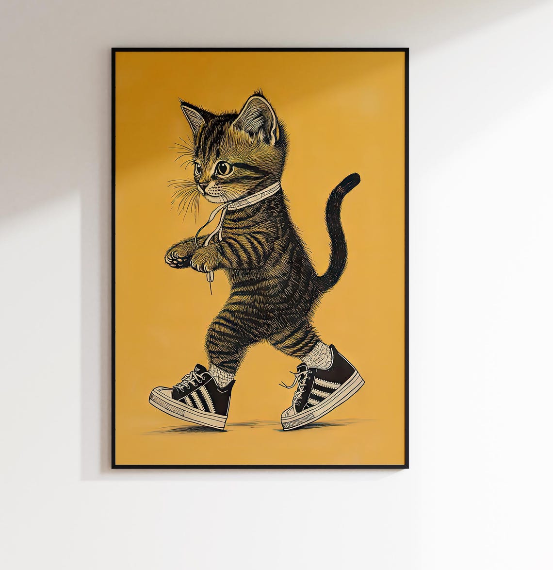 Kitten Wearing Sneakers Walking Mustard Yellow Funny Cat Poster