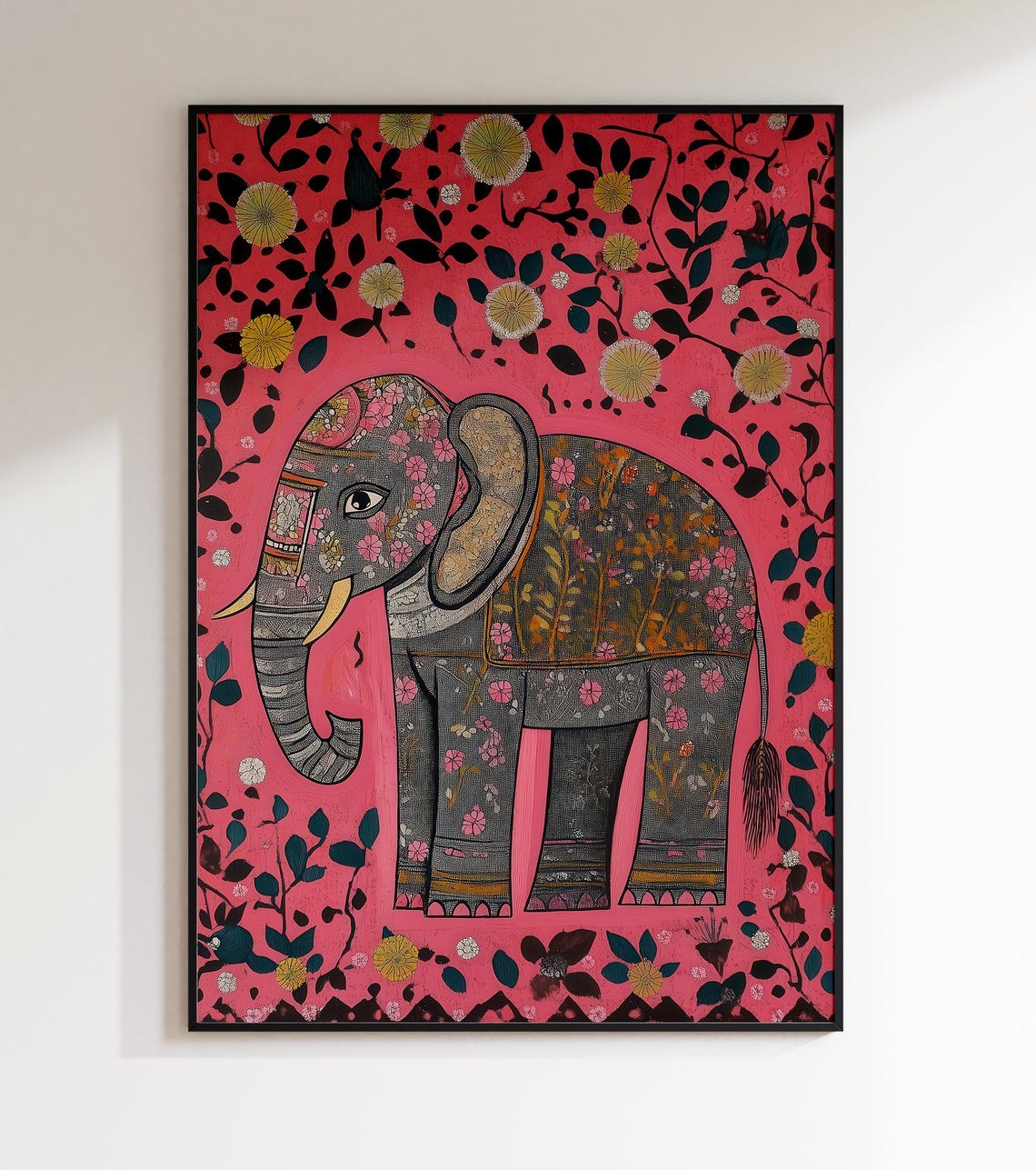 Madhubani Pink Elephant Indian Folk Art Patterned Floral Print