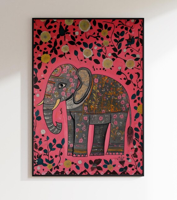 Madhubani Pink Elephant Indian Folk Art Patterned Floral Print