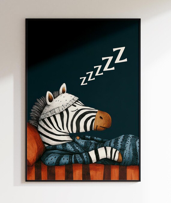 Sleepy Zebra in Pajamas Cute Night Kids Room Illustration Poster