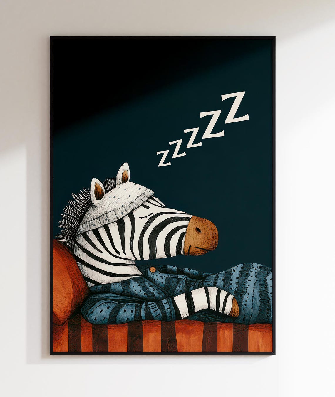 Sleepy Zebra in Pajamas Cute Night Kids Room Illustration Poster
