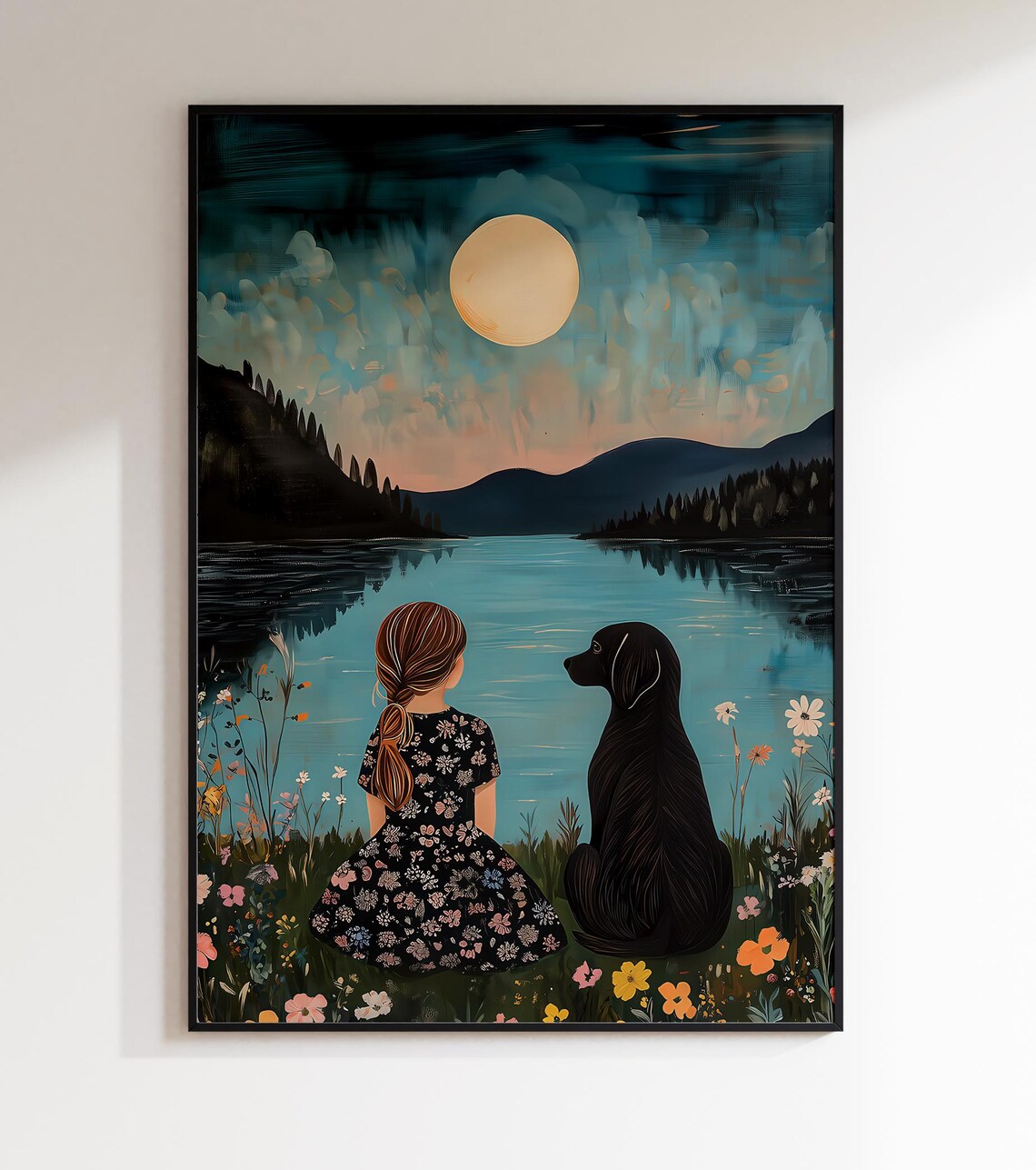 Girl And Black Dog By Moonlit Lake Mountain Night Scandi Poster - Image 2