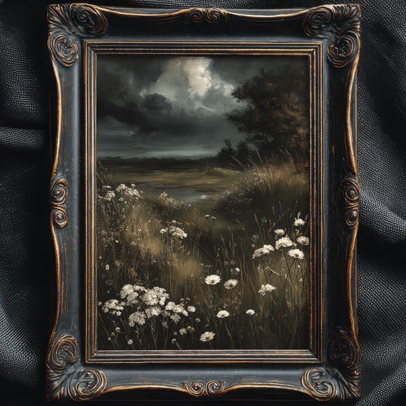 Dark Moody Flower Field Vintage Landscape Art Print