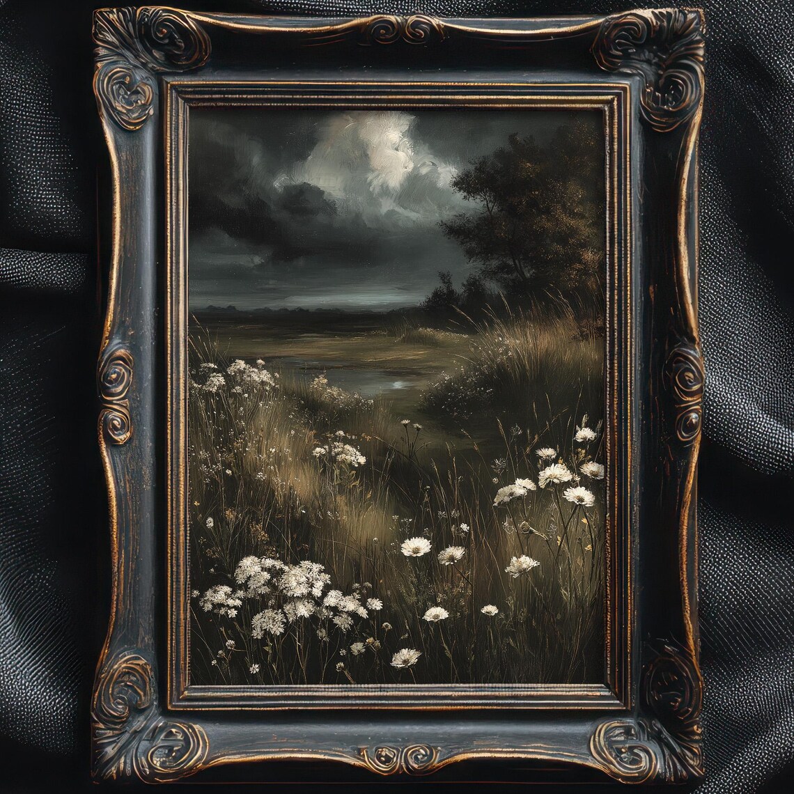 Dark Moody Flower Field Vintage Landscape Art Print