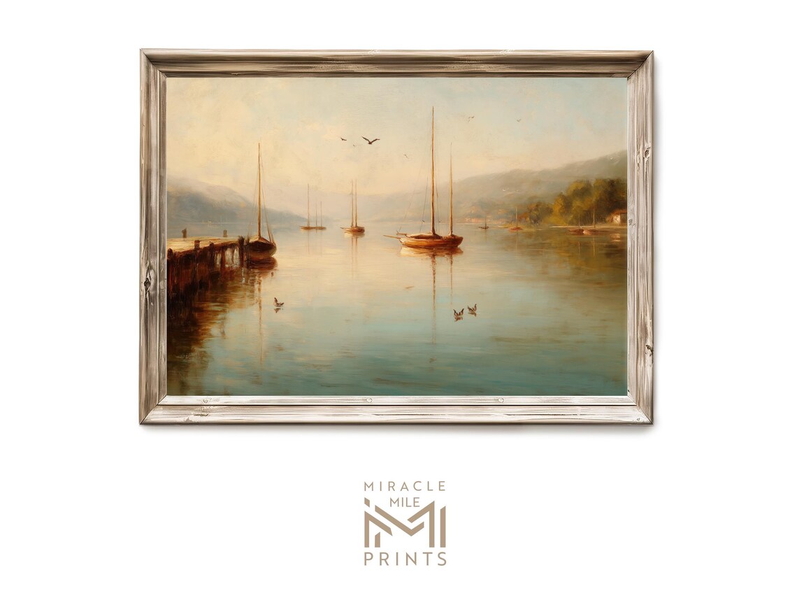 Summer Sailboats at Dawn Misty Harbor Vintage Oil Painting Poster