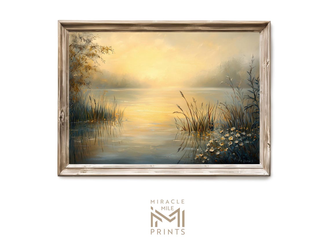 Spring Pond Sunset Golden Oil Painting Poster with Reeds Wildflowers