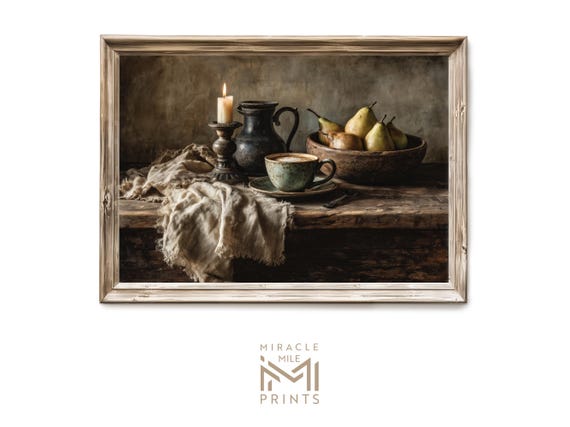 Fall Farmhouse Still Life Wall Art Rustic Autumn Breakfast Table Moody Decor Vintage Artful Print H 459