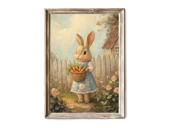 Easter Bunny Girl Carrot Basket Cottage Garden Storybook Poster