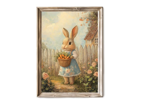 Easter Wall Art Bunny Storybook Oil Painting Spring Garden Decor For Nursery Farmhouse Home Gift
