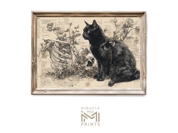 Halloween Black Cat Wall Art Gothic Ink Watercolor Illustration Haunted Spooky Vintage Decor Dark Academia 333