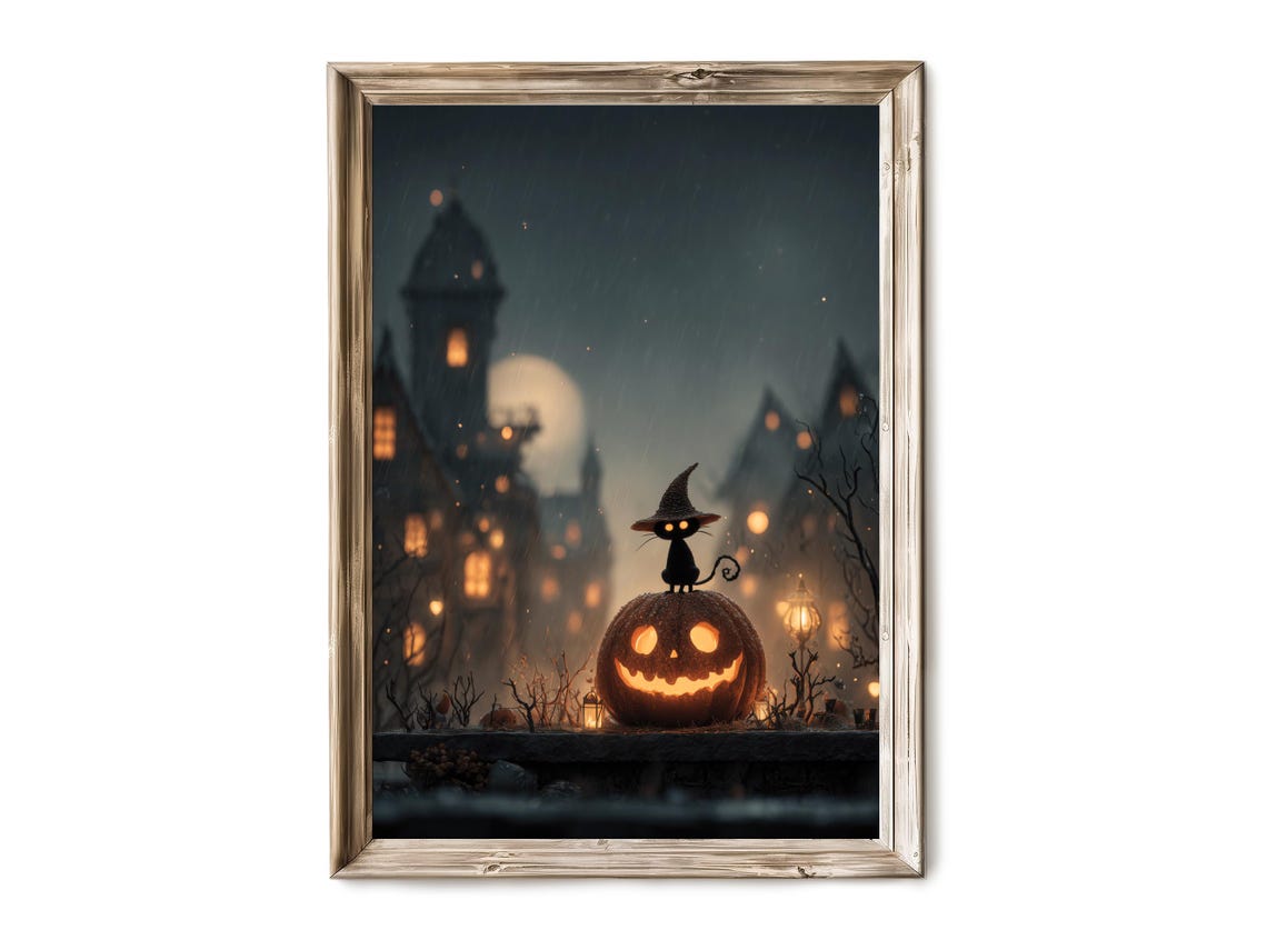Halloween Wall Art Pumpkinhead Witch With Black Cat Spooky Haunted Village Decor Vintage Fall Print 307