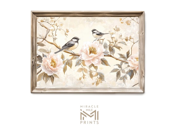Chinoiserie Chickadees Blush Peony Blossom Branch Floral Wall Art