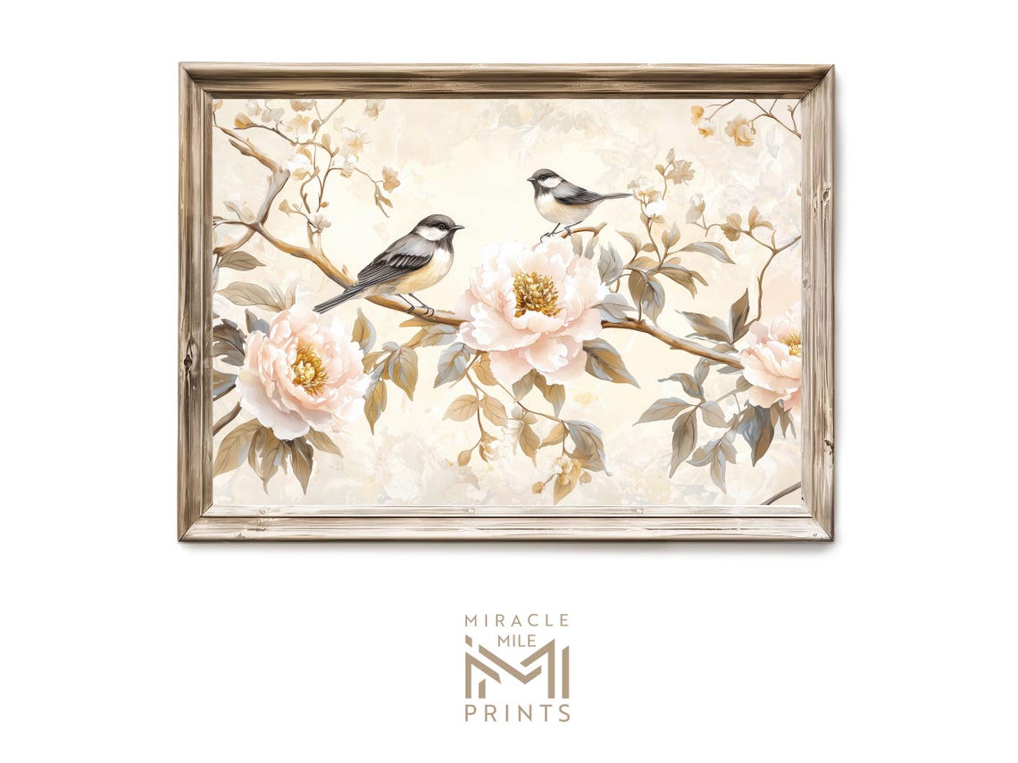 Chinoiserie Chickadees Blush Peony Blossom Branch Floral Wall Art