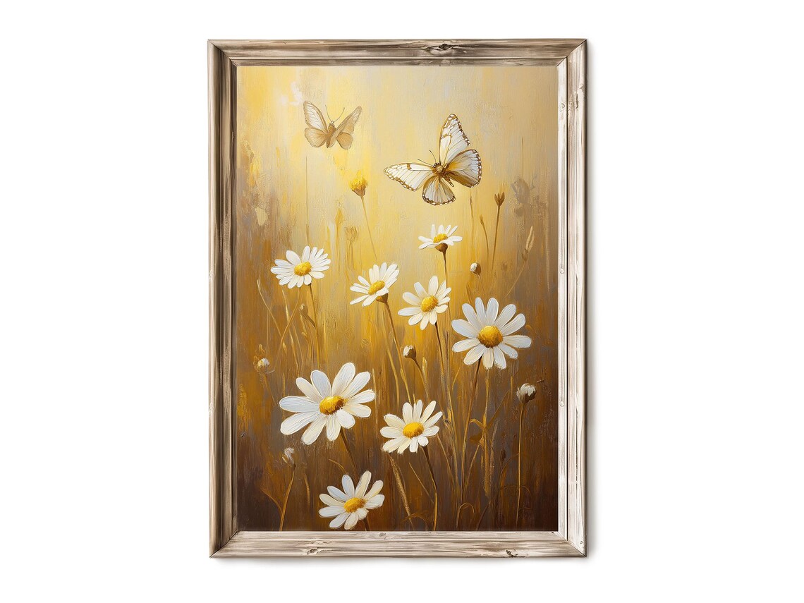 Butterflies Daisies Golden Field Spring Wildflowers Oil Painting Print