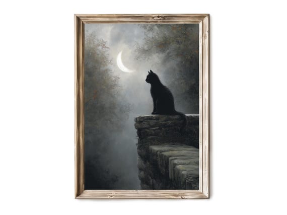 Halloween Wall Art Black Cat Perched On Gravestone In Moonlight Spooky Familiar Scene Gothic Witchy Decor Print 268