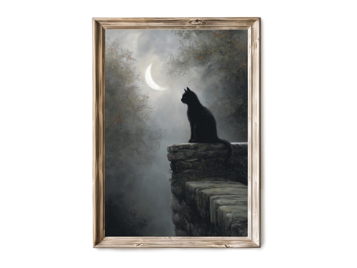 Halloween Wall Art Black Cat Perched On Gravestone In Moonlight Spooky Familiar Scene Gothic Witchy Decor Print 268