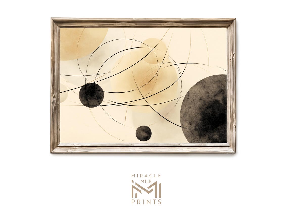 Beige Neutral Abstract Curved Lines Dark Circles Minimalist Art Poster