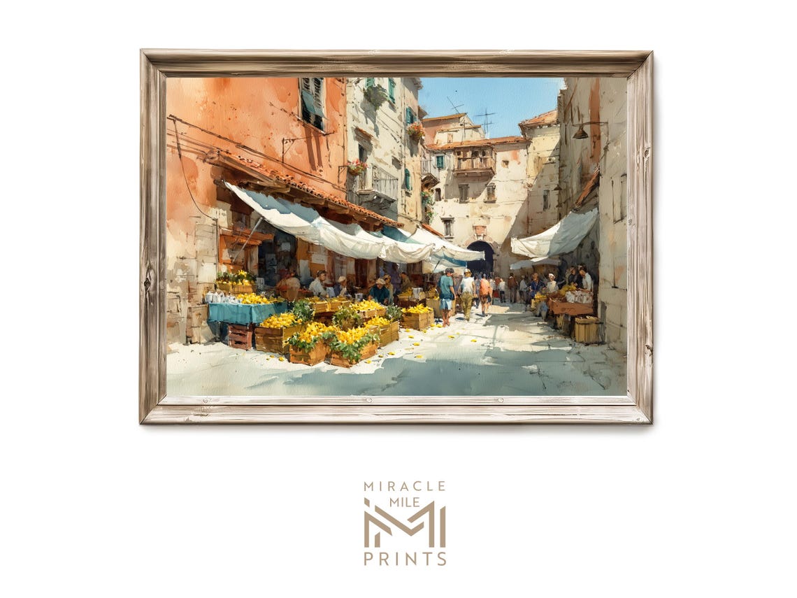 Italian Street Market Fruit Stalls Vibrant Watercolor Art Poster