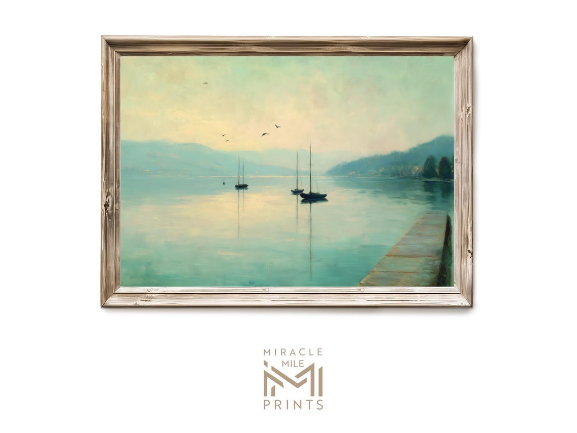 Misty Lake Sailboats Dawn Reflections Impressionist Art Poster