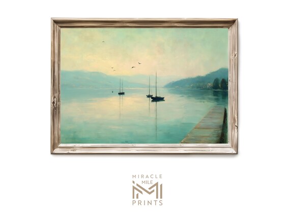 Misty Lake Sailboats Dawn Reflections Impressionist Art Poster