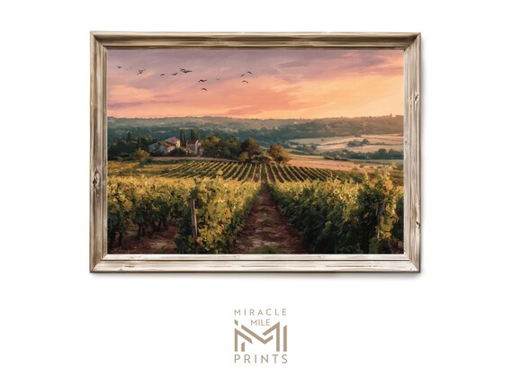 Golden Vineyard Sunset Farmhouse Pastoral Landscape Art Poster