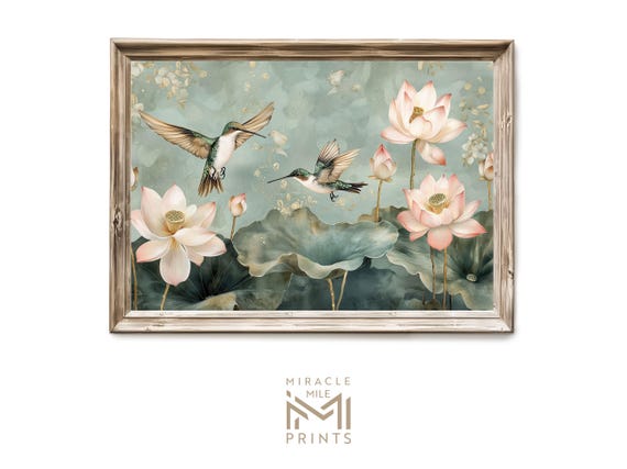 Chinoiserie Wall Art White Floral Print With Hummingbirds Botanical Decor Toile De Jouy Style Vintage Poster Gift