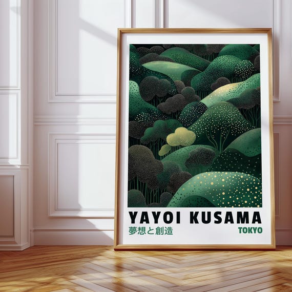 Yayoi Kusama Inspired Green Forest Print Modern Japanese Art Dotted Landscape Illustration Nature Wall Decor