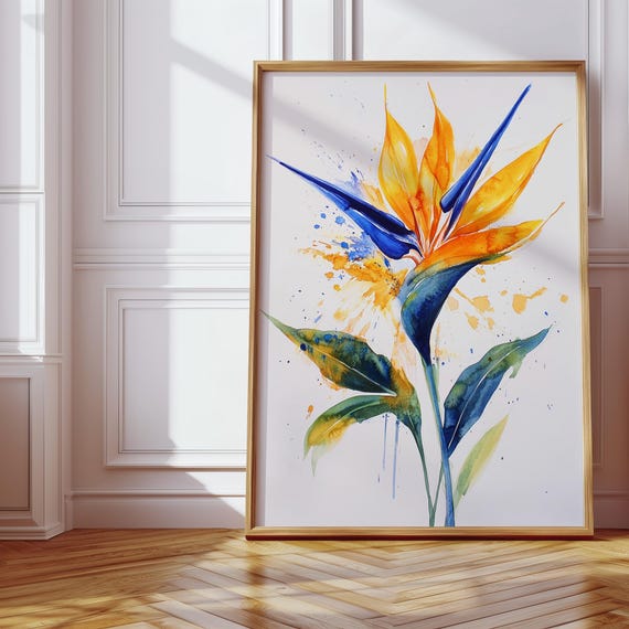 Bird Of Paradise Splash Watercolor Art Bold Tropical Flower Print In Orange Blue Green For Vibrant Botanical Wall Decor