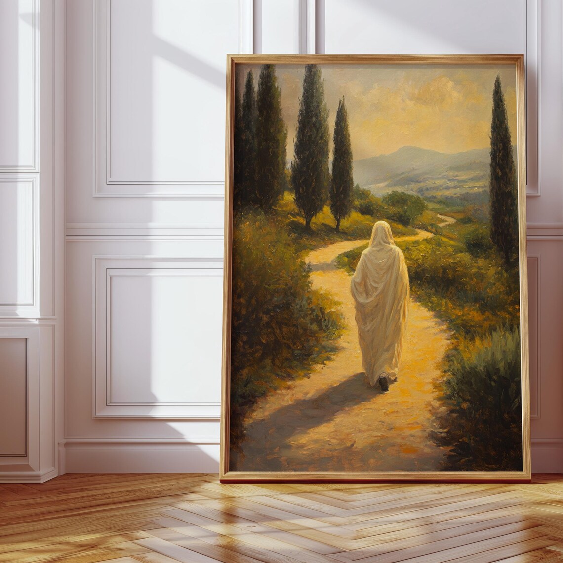 Jesus Walking Peaceful Hillside Path, Christian Landscape Art Print