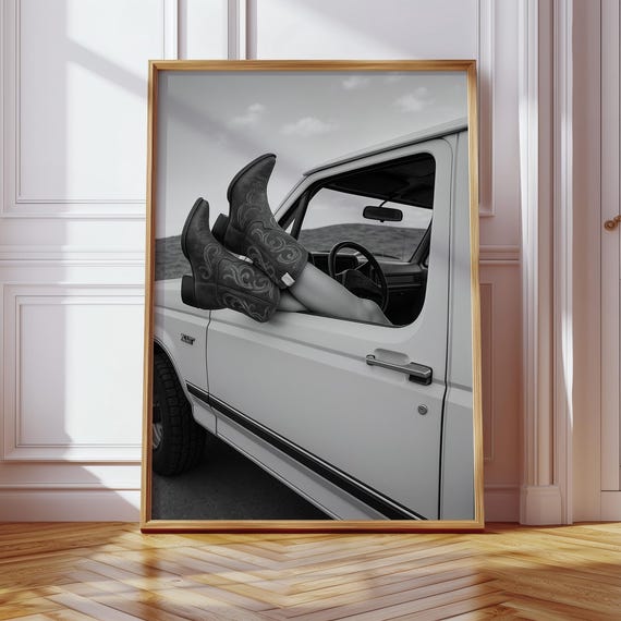Western Cowgirl Boots In Truck Window, Country Photography