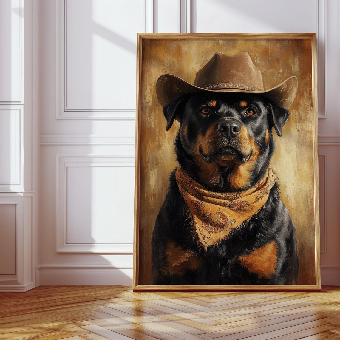 Cowboy Rottweiler Portrait, Rustic Ranch Decor
