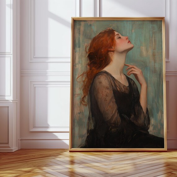 Elegant Redhead in Black Lace Romantic Classic Portrait Poster