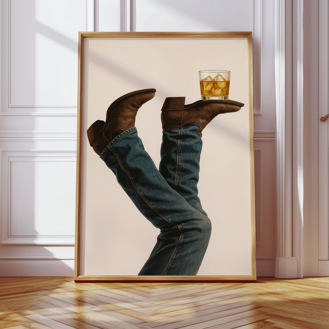 Western Cowboy Boots Whiskey Glass Rustic Bar Art Print