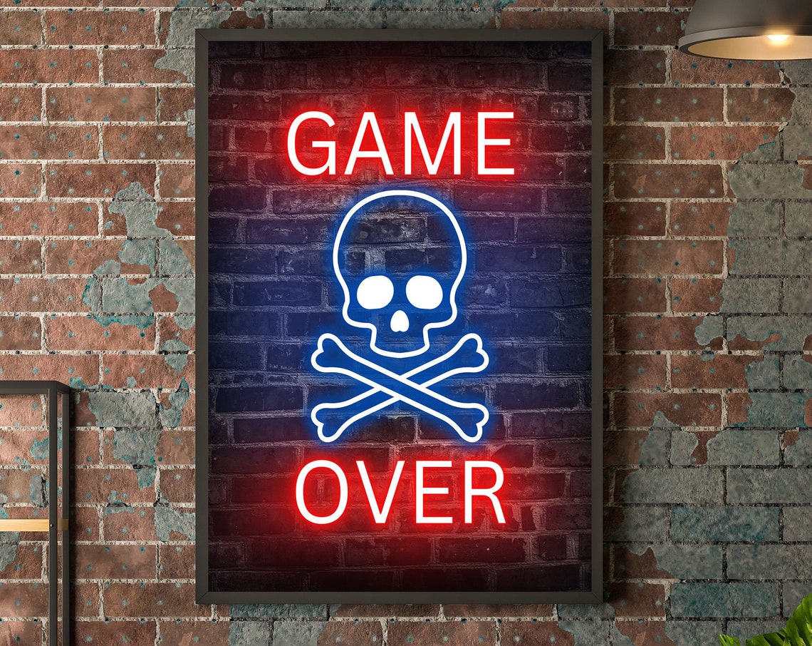Game Over Neon Sign Skull Crossbones Brick Wall Gaming Poster