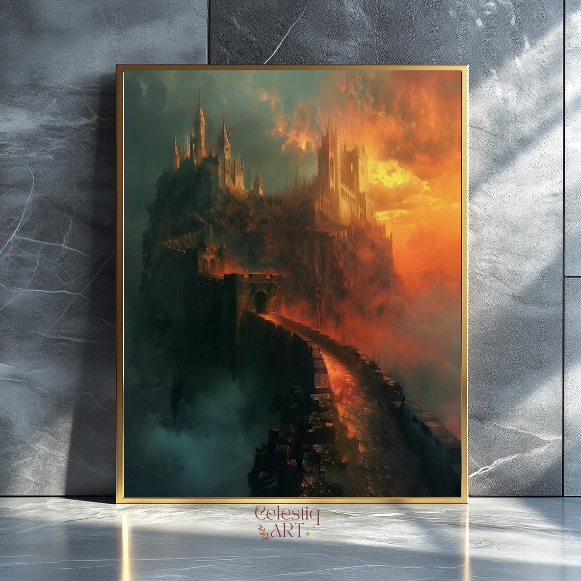 Gothic Dracula Castle Cliff Fiery Sunset Dark Academia Fantasy Poster