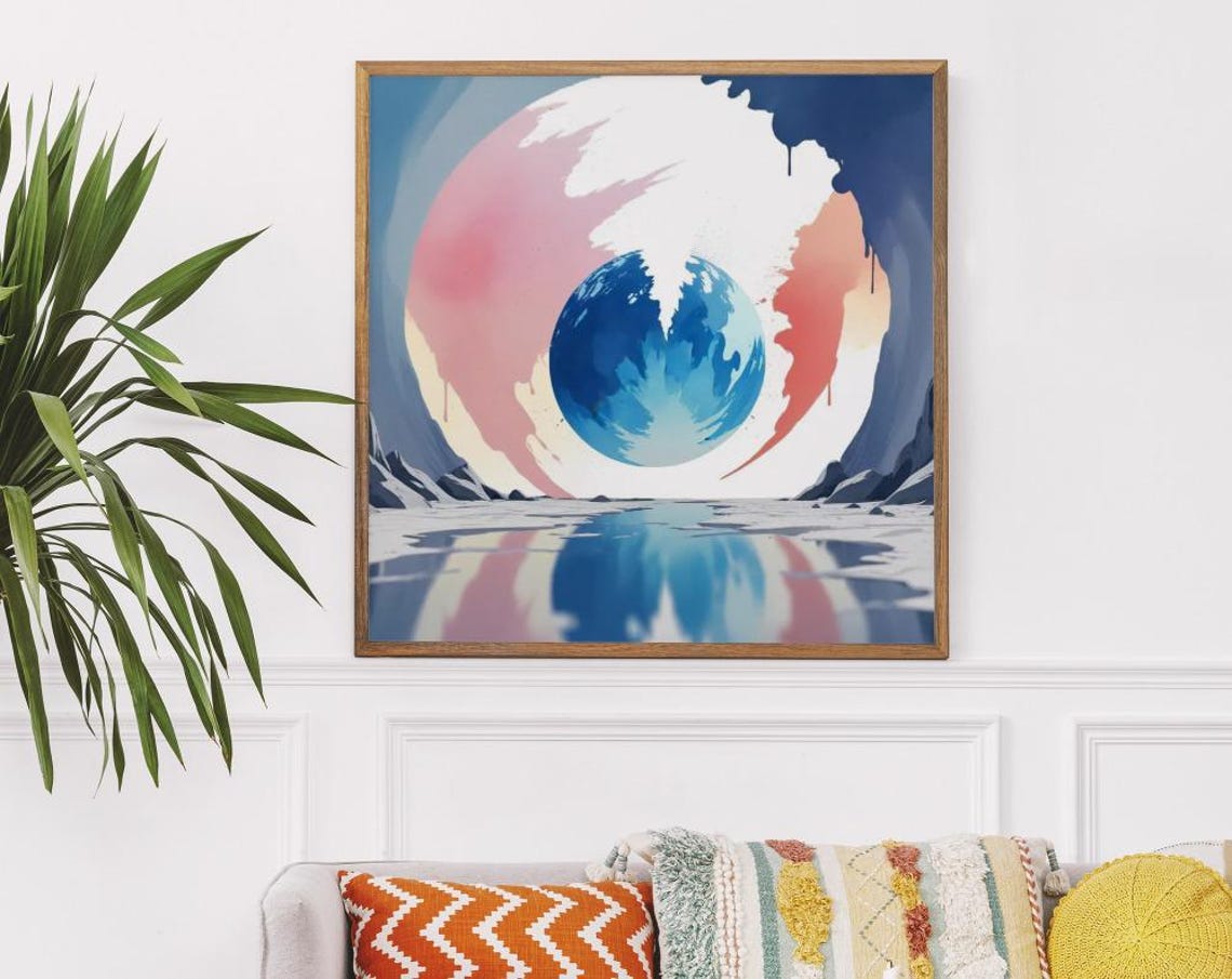 Blue Planet With Pink Aura Over Still Water Surreal Art Poster